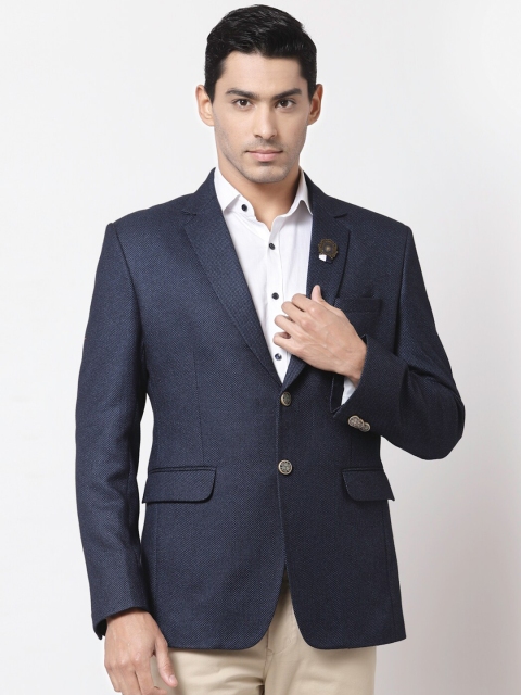 

MAXENCE Men Navy Blue Self-Design Single-Breasted Formal Blazer