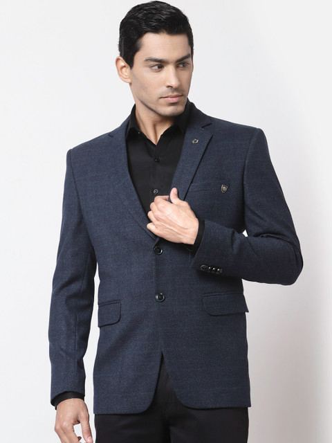 

MAXENCE Men Blue Checked Single-Breasted Blazer