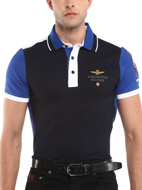 

Aeronautica Militare Men Navy Blue & Blue Colourblocked Cotton Polo Collar T-shirt