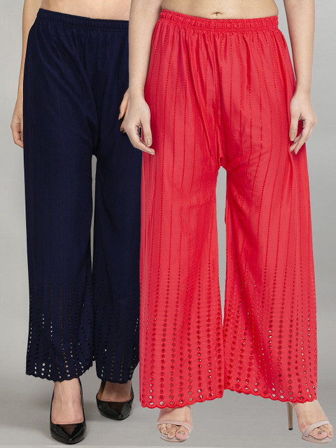 

Jinfo Women Pack of 2 Red & Navy Blue Wide Leg Embroidered Ethnic Palazzos