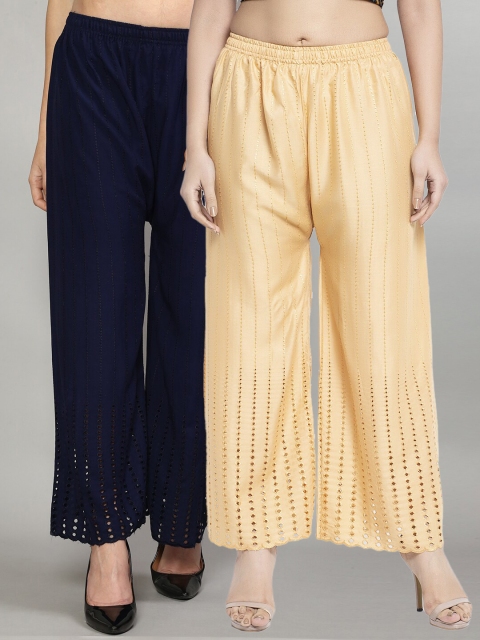 

Jinfo Women Pack of 2 Beige & Navy Blue Palazzos