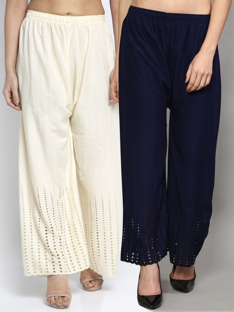 Jinfo Women Navy Blue & Off White Set of 2 Self Design Flared Knitted Ethnic Palazzos