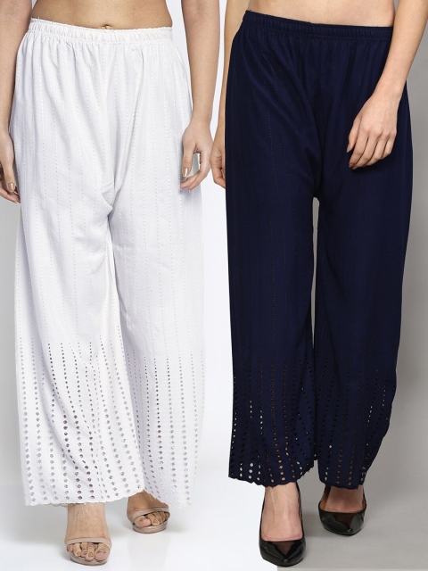 

Jinfo Women Pack Of 2 White & Navy Blue Embroidered Flared Knitted Ethnic Palazzos