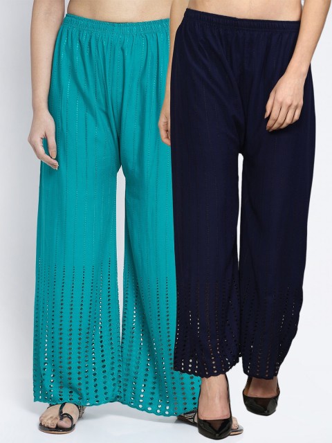 

Jinfo Women Navy Blue & Black Set of 2 Embroidered Flared Knitted Palazzos