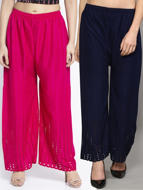 

Jinfo Women Pack Of 2 Pink & Navy Blue Embroidered Flared Knitted Ethnic Palazzos