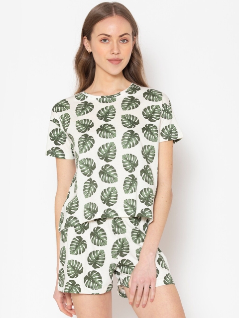 

Lounge Dreams Women Off White & Green Printed Cotton Night Suit