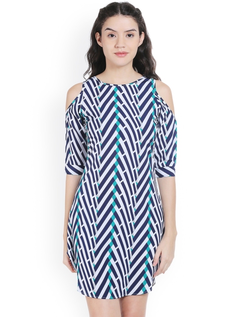 

Style Quotient Women Navy Printed A-Line Cold-Shoulder Dress, Navy blue