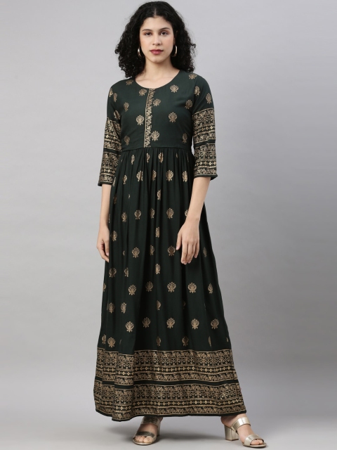 

GOLDSTROMS Women Green & Gold-Toned Ethnic Motifs Printed Anarkali Kurta