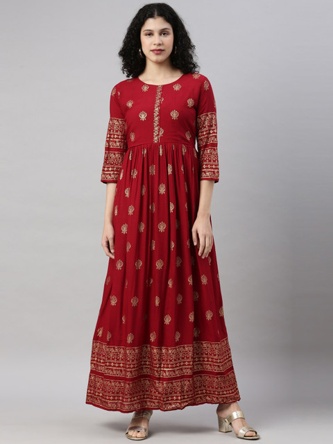 

GOLDSTROMS Women Red & Gold-Toned Ethnic Motifs Printed Thread Work Anarkali Kurta