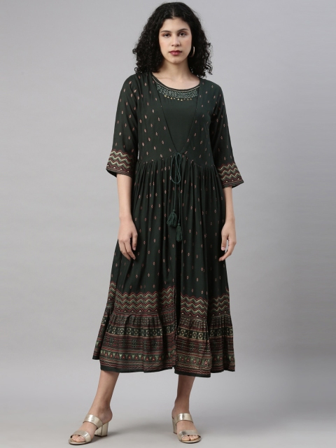 

GOLDSTROMS Women Green Geometric Embroidered Flared Sleeves Anarkali Kurta