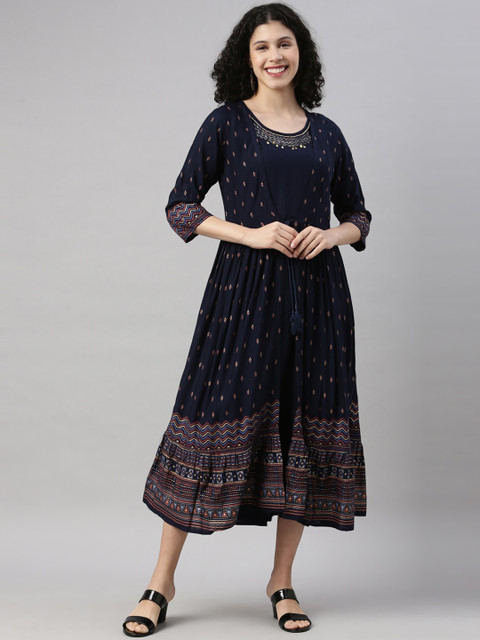 

GOLDSTROMS Navy Blue Ethnic Motifs Layered Ethnic Midi Dress