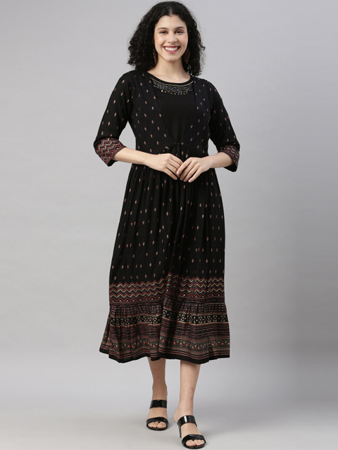 

GOLDSTROMS Women Black & Gold-Toned Ethnic Motifs Printed Anarkali Kurta