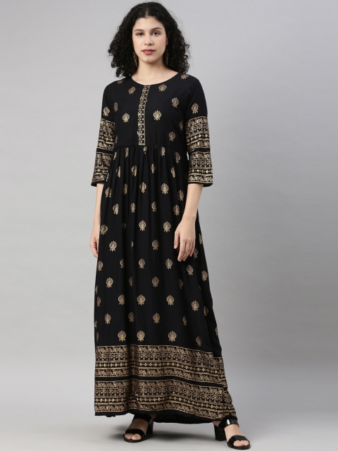 

GOLDSTROMS Women Black & Gold-Toned Ethnic Motifs Printed Anarkali Kurta