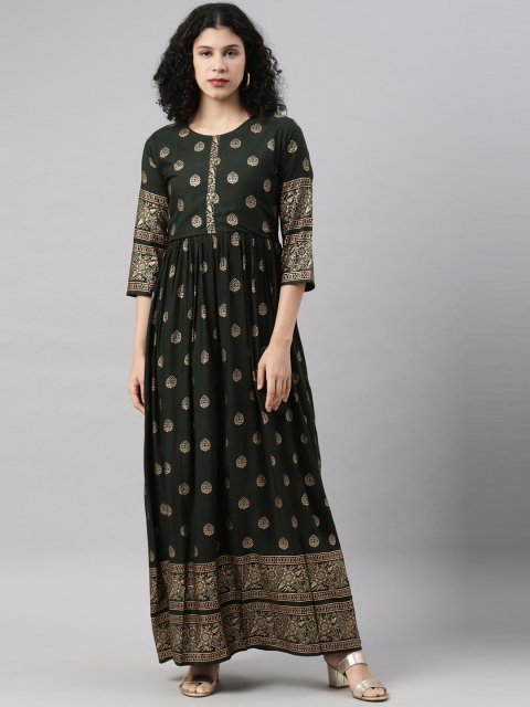 

GOLDSTROMS Women Green & Gold-Toned Ethnic Motifs Printed Anarkali Kurta
