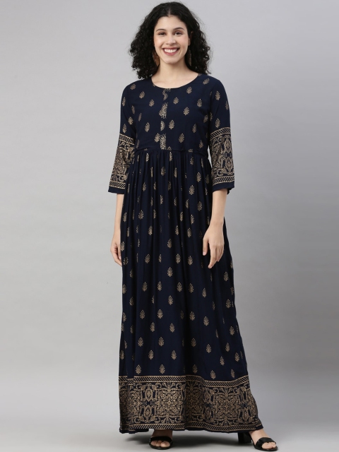 

GOLDSTROMS Women Navy Blue Ethnic Motifs Printed Keyhole Neck Flared Sleeves Anarkali Kurta