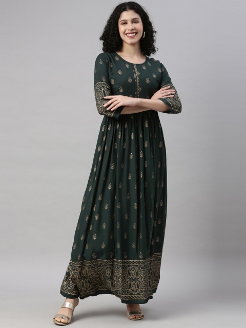 

GOLDSTROMS Women Green Ethnic Motifs Embellished Keyhole Neck Flared Sleeves Thread Work Anarkali Kurta