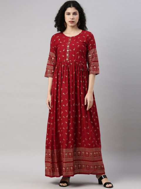 

GOLDSTROMS Women Maroon & Gold-Toned Ethnic Motifs Printed Anarkali Kurta