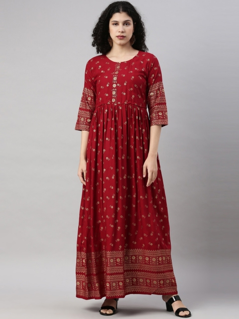 

GOLDSTROMS Women Red & Gold-Toned Ethnic Motifs Printed Anarkali Kurta