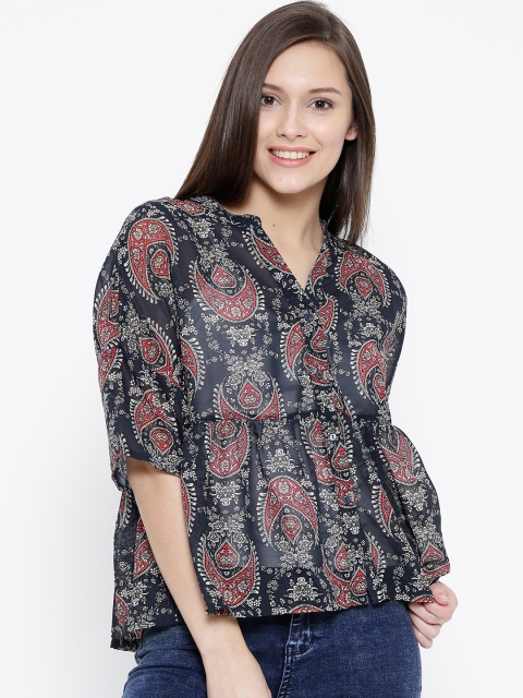 

Vero Moda Women Navy & Red Printed Flared Top, Navy blue