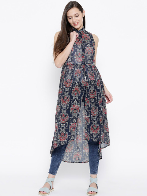 

Vero Moda Women Navy & Red Printed Longline Top, Navy blue