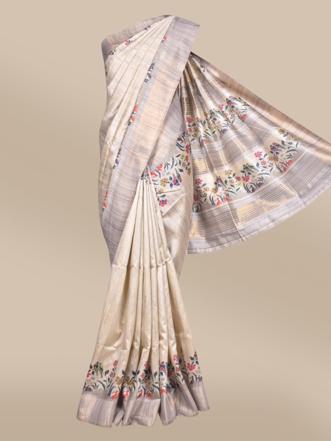 

The Chennai Silks Beige & Green Floral Printed Banarasi Saree