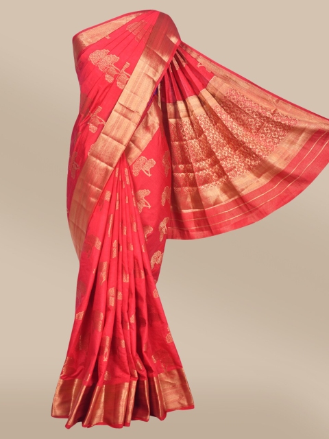 

The Chennai Silks Red & Gold-Toned Floral Zari Jute Cotton Saree