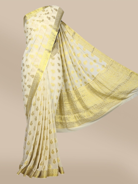 

The Chennai Silks Cream-Coloured & Gold-Toned Woven Design Zari Fusion Poly Chiffon Saree