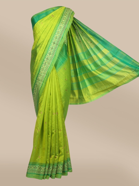 

The Chennai Silks Green & Yellow Floral Embroidered Jute Cotton Saree