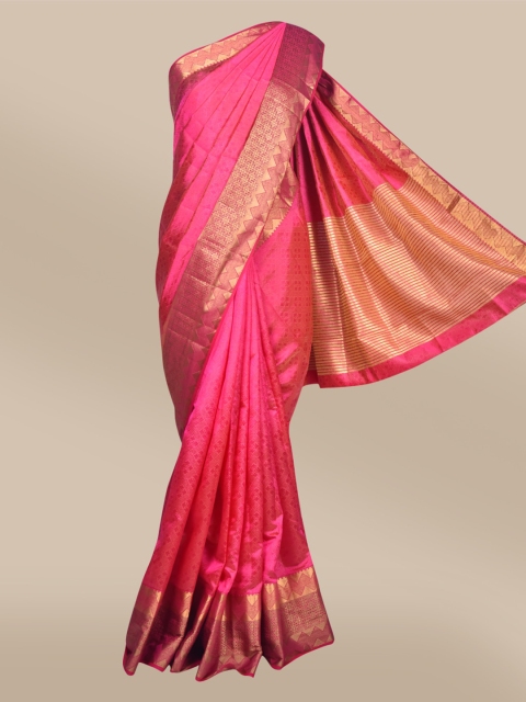 

The Chennai Silks Pink & Gold-Toned Woven Design Zari Jute Cotton Fusion Saree