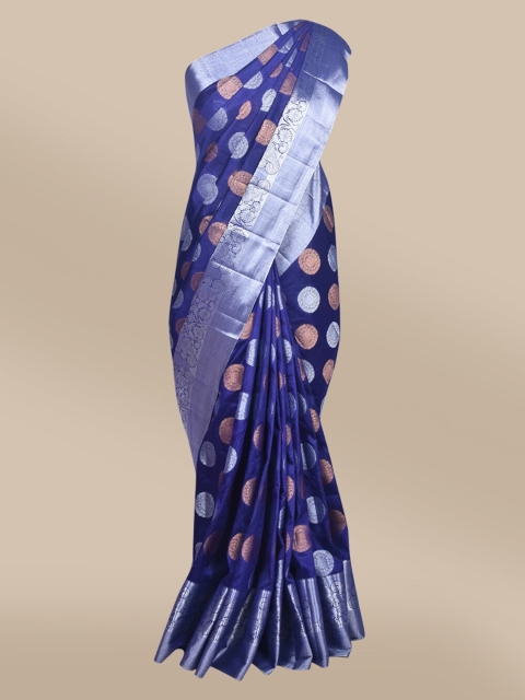 

The Chennai Silks Navy Blue & Silver-Toned Ethnic Motifs Zari Jute Cotton Fusion Saree