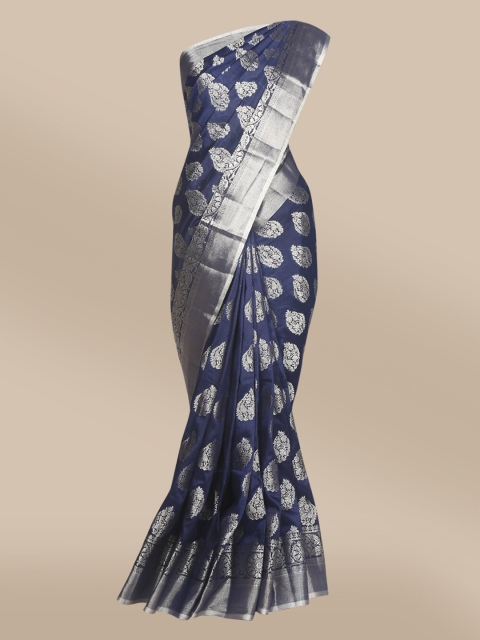 

The Chennai Silks Navy Blue & Silver-Toned Woven Design Zari Jute Cotton Fusion Saree