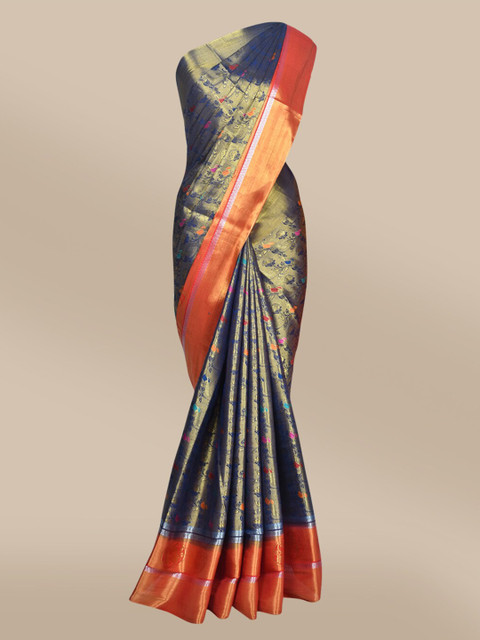 

The Chennai Silks Navy Blue & Orange Ethnic Motifs Jute Cotton Saree