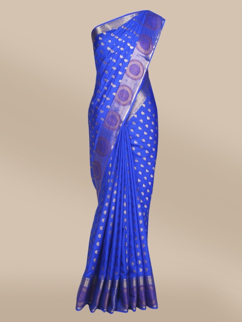 

The Chennai Silks Blue & Gold-Toned Floral Zari Jute Cotton Fusion Saree