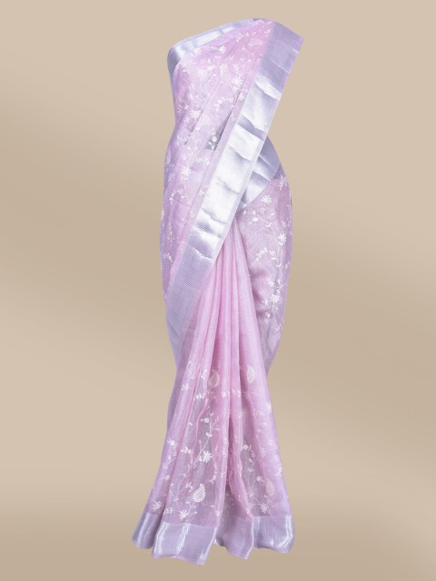 

The Chennai Silks Pink & Silver-Toned Floral Zari Net Saree