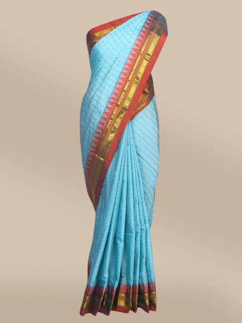 

The Chennai Silks Blue & Red Zari Woven Design Fusion Cotton Blend Saree