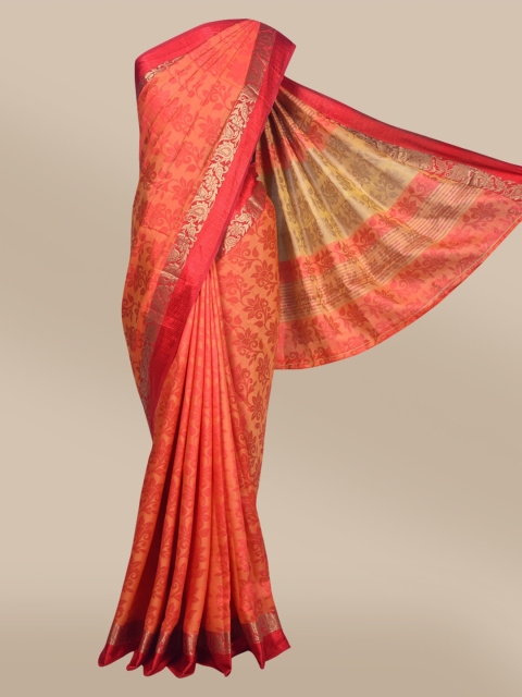 

The Chennai Silks Coral & Gold-Toned Floral Zari Jute Cotton Saree