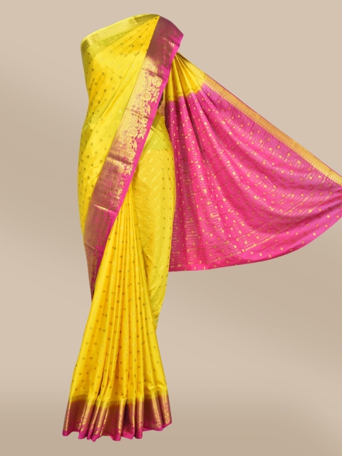 

The Chennai Silks Yellow & Pink Floral Zari Mysore Silk Poly Crepe Saree