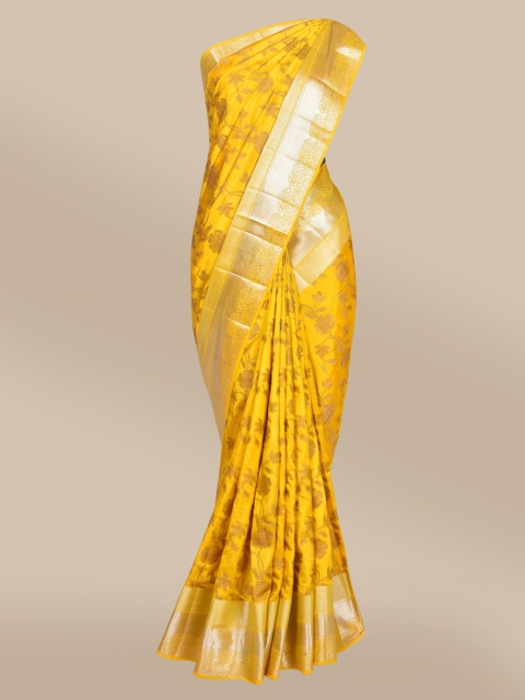 

The Chennai Silks Mustard & Silver-Toned Floral Zari Jute Cotton Fusion Saree