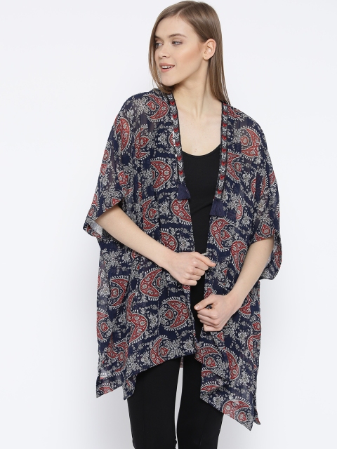 

Vero Moda Navy Printed Semi-Sheer Longline Shrug, Navy blue