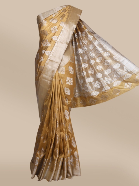 

The Chennai Silks Brown & Silver-Toned Ethnic Motifs Zari Jute Cotton Fusion Saree