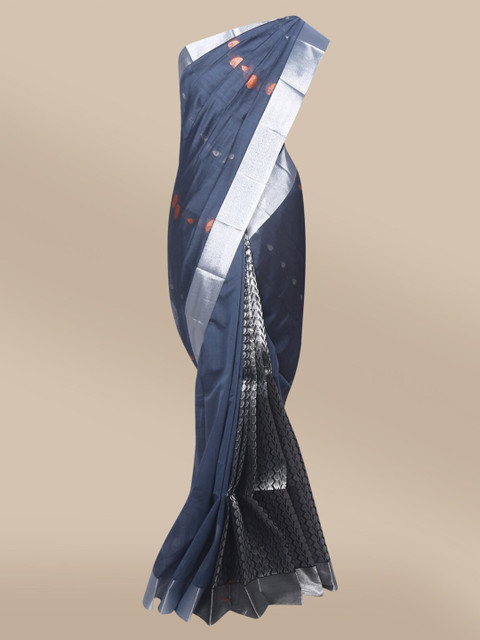 

The Chennai Silks Navy Blue & Silver-Toned Ethnic Motifs Dupion Silk Blend Banarasi Saree