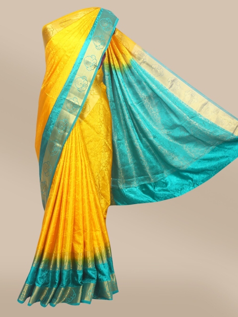 

The Chennai Silks Yellow & Blue Floral Zari Fusion Saree