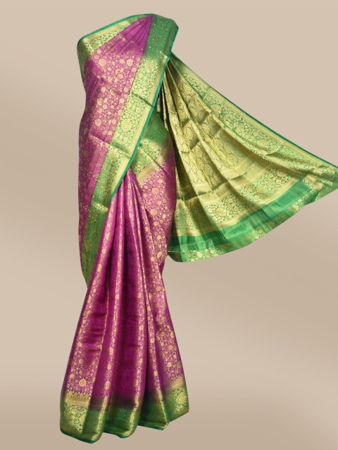 

The Chennai Silks Magenta & Green Floral Zari Jute Cotton Fusion Saree