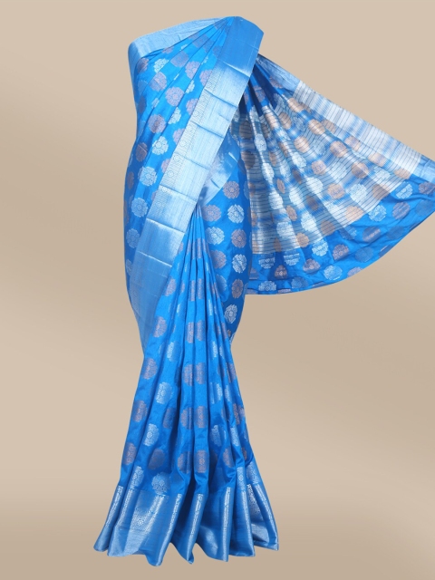 

The Chennai Silks Blue & Silver-Toned Woven Design Zari Jute Cotton Fusion Saree