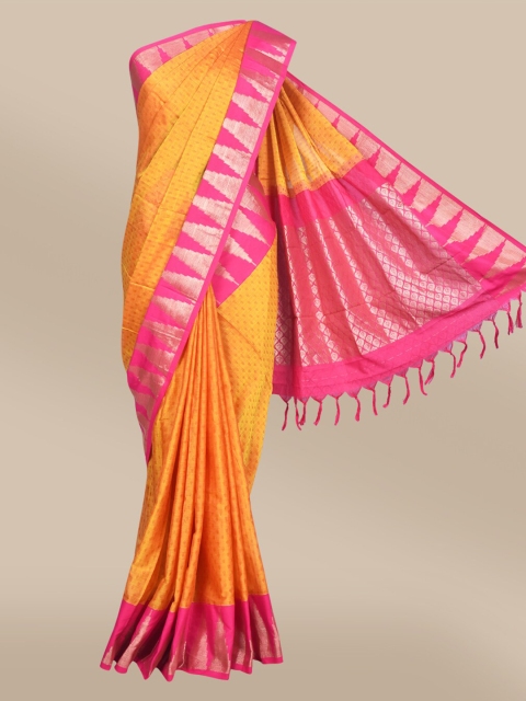 

The Chennai Silks Yellow & Pink Floral Cotton Zari Saree
