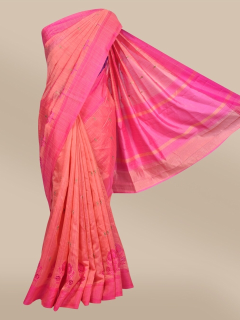 

The Chennai Silks Coral & Pink Floral Embroidered Jute Cotton Saree