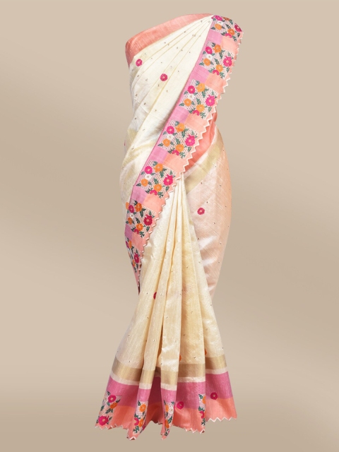 

The Chennai Silks Beige & Pink Floral Embroidered Banarasi Saree