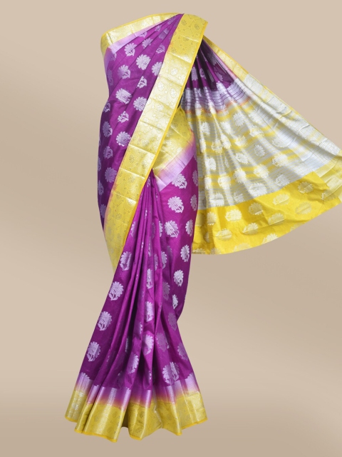 

The Chennai Silks Violet & Yellow Woven Design Zari Jute Cotton Fusion Saree
