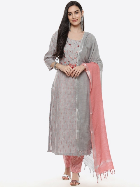 

Biba Women Grey & Pink Embroidered Pure Cotton Unstitched Dress Material