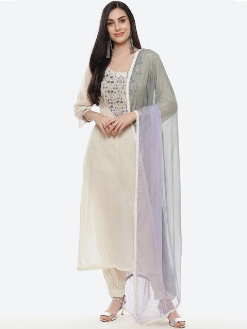 

Biba Cream-Coloured & Purple Embroidered Pure Cotton Unstitched Dress Material
